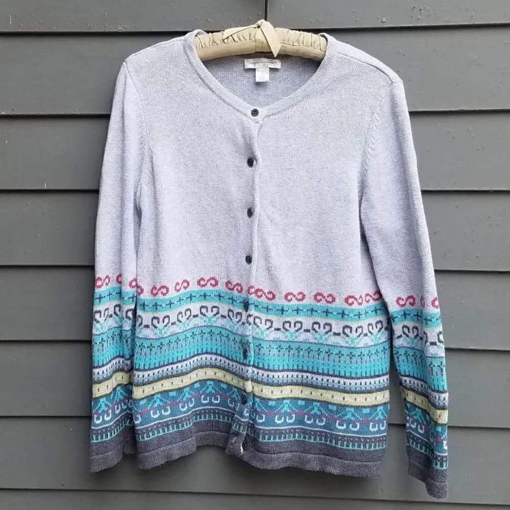 Christopher and Banks Gray Multi Color Ski Like Cardigan size Large